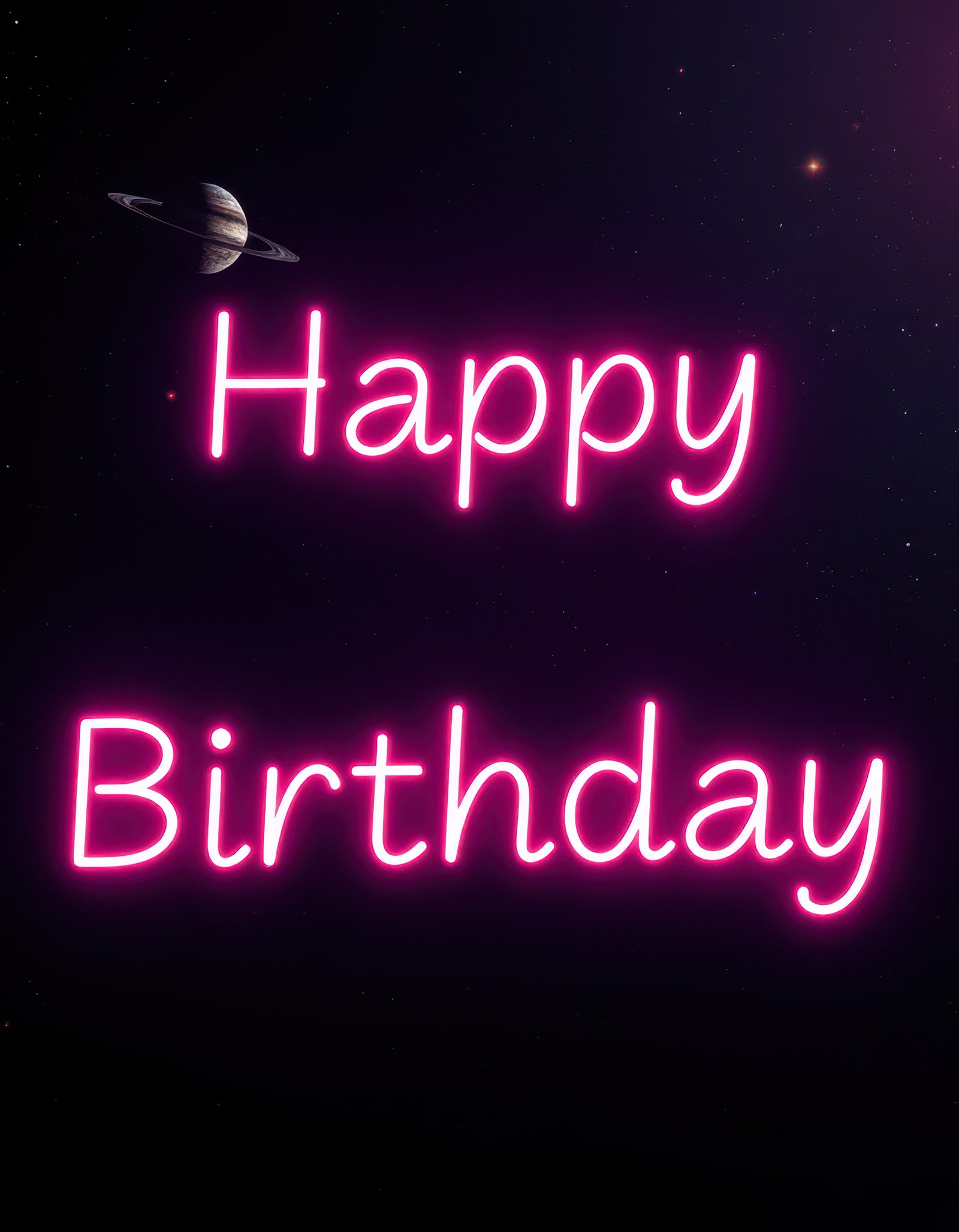 Bright neon birthday greeting in outer space theme with planet in the background